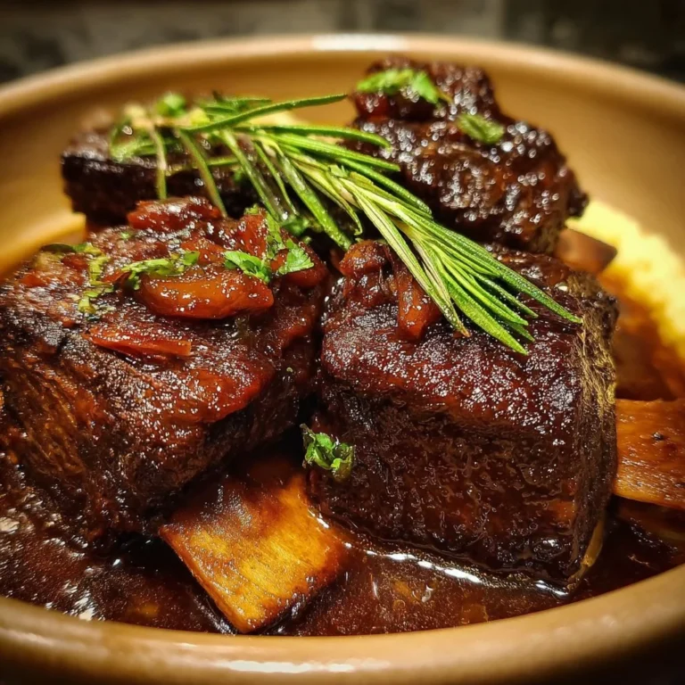Slow-braised beef short ribs served with a savory sauce and vegetables