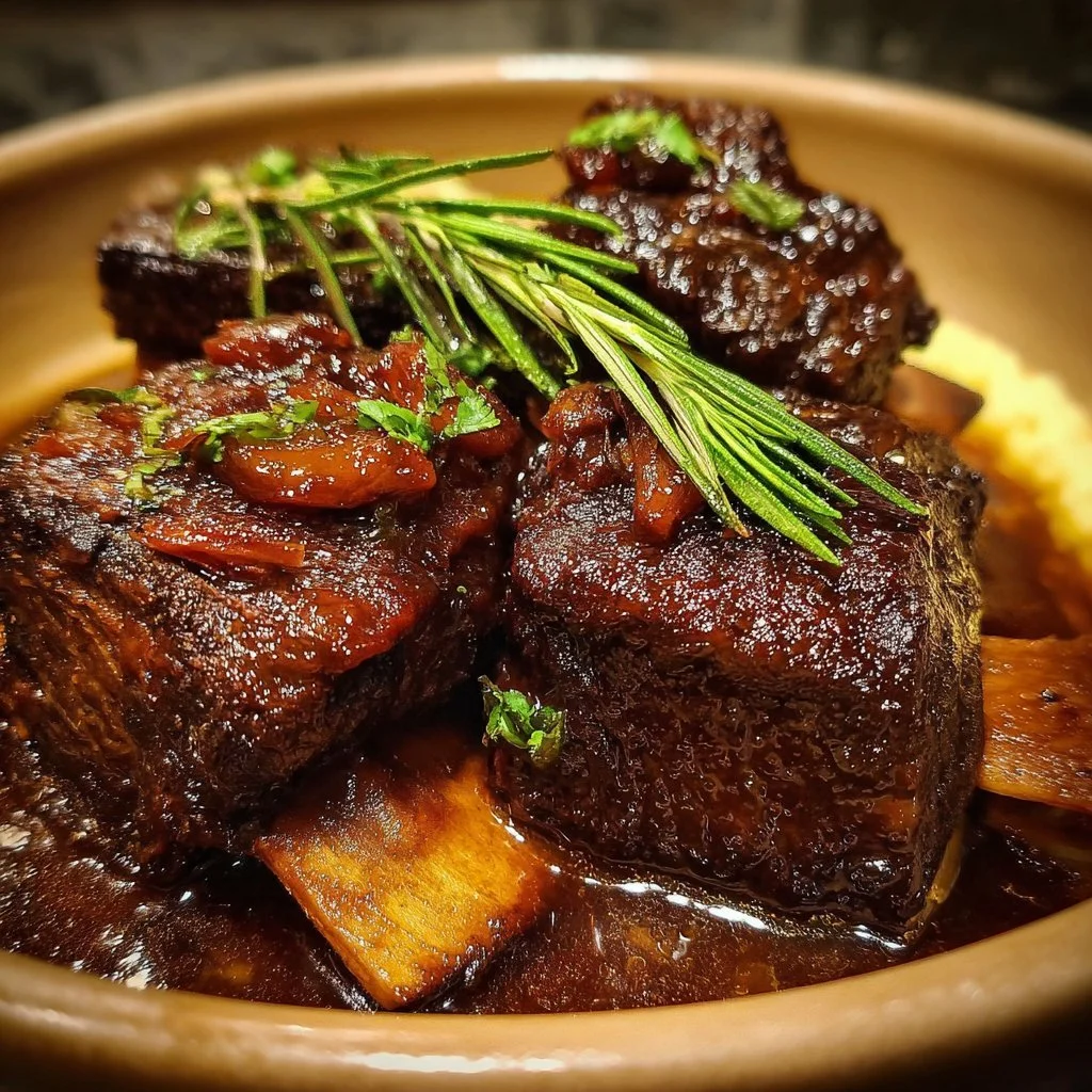 Slow-braised beef short ribs served with a savory sauce and vegetables