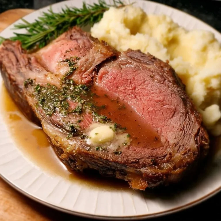 Sous Vide Prime Rib Roast with Au Jus and Herb Butter presentation