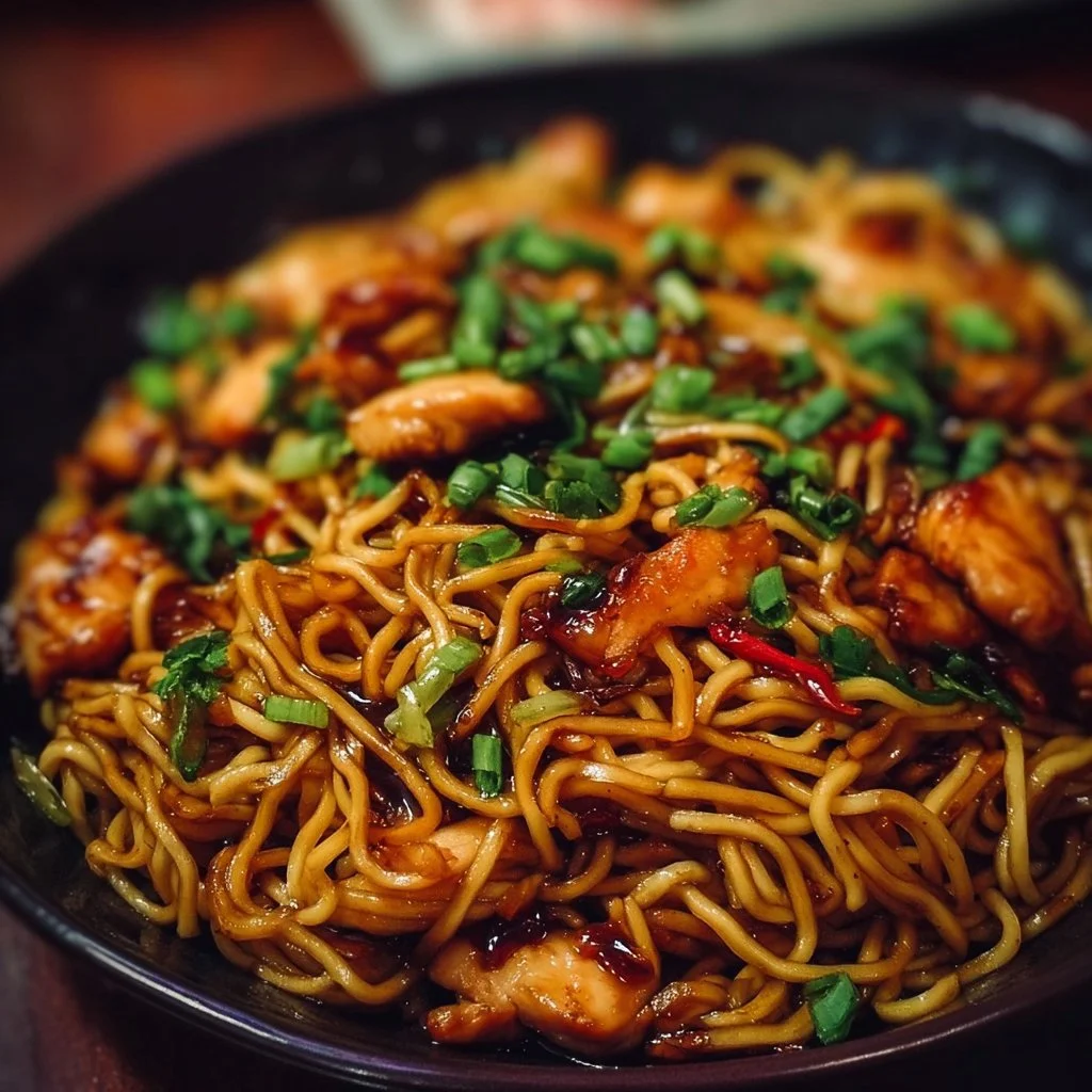 Delicious sticky garlic chicken noodles served in a bowl with colorful vegetables.