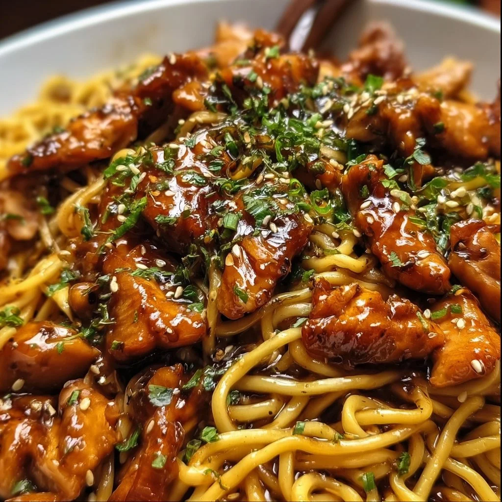 Sticky Garlic Chicken Noodles topped with fresh herbs and garlic sauce