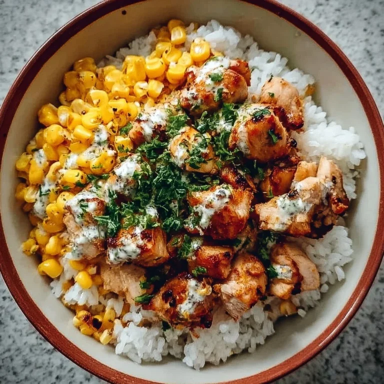 Delicious Street Corn Chicken Rice Bowl topped with vibrant toppings.