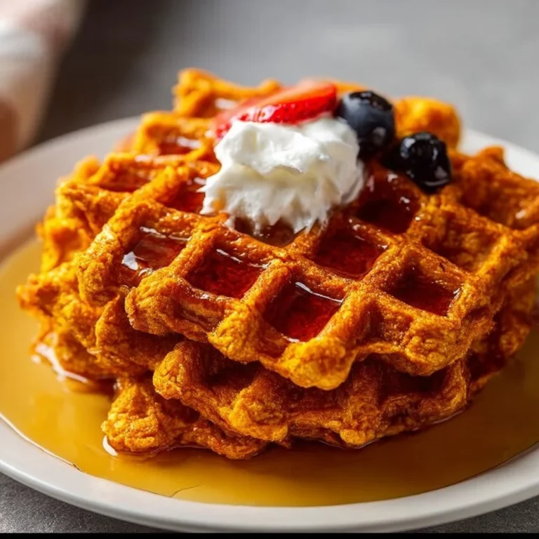Delicious sweet potato waffles topped with maple syrup and fresh berries.