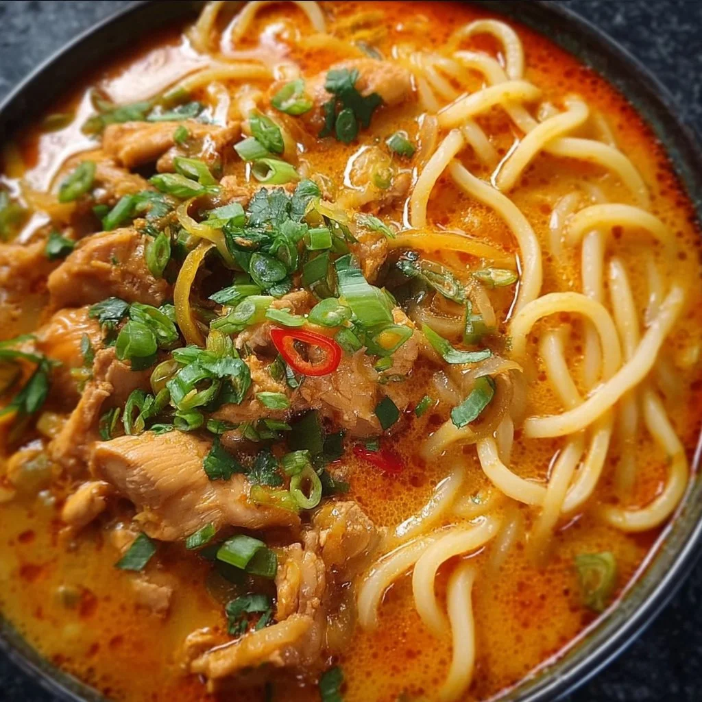 Thai-inspired coconut red curry chicken served with udon noodles