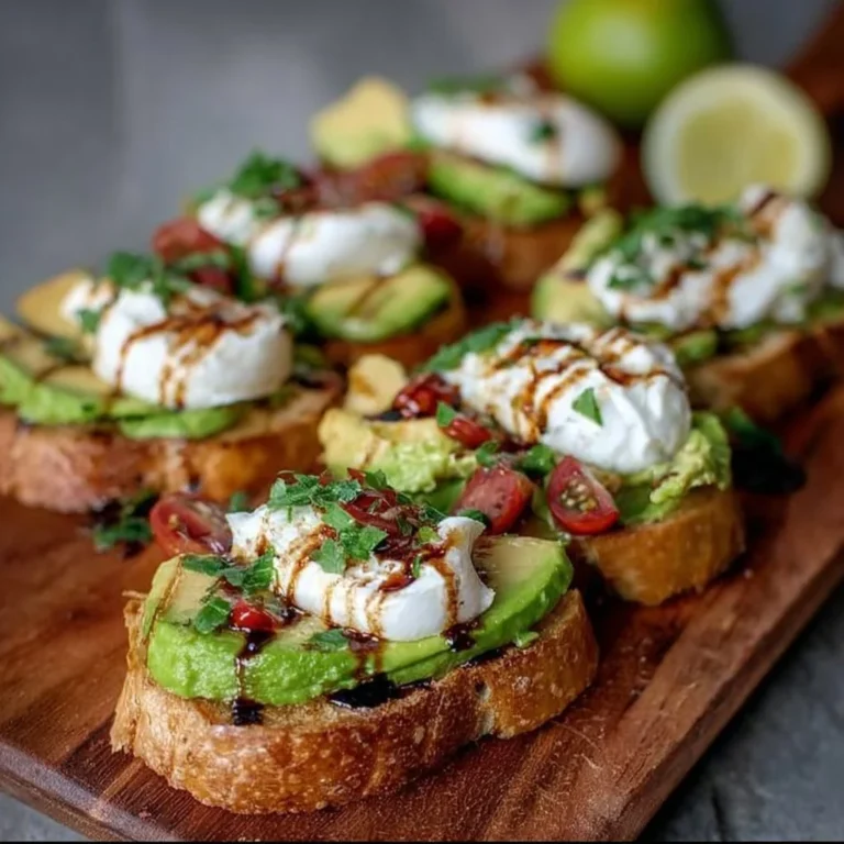 Leckere Avocado-Burrata-Bruschetta auf einem Holzbrett, serviert mit frischen Kräutern.