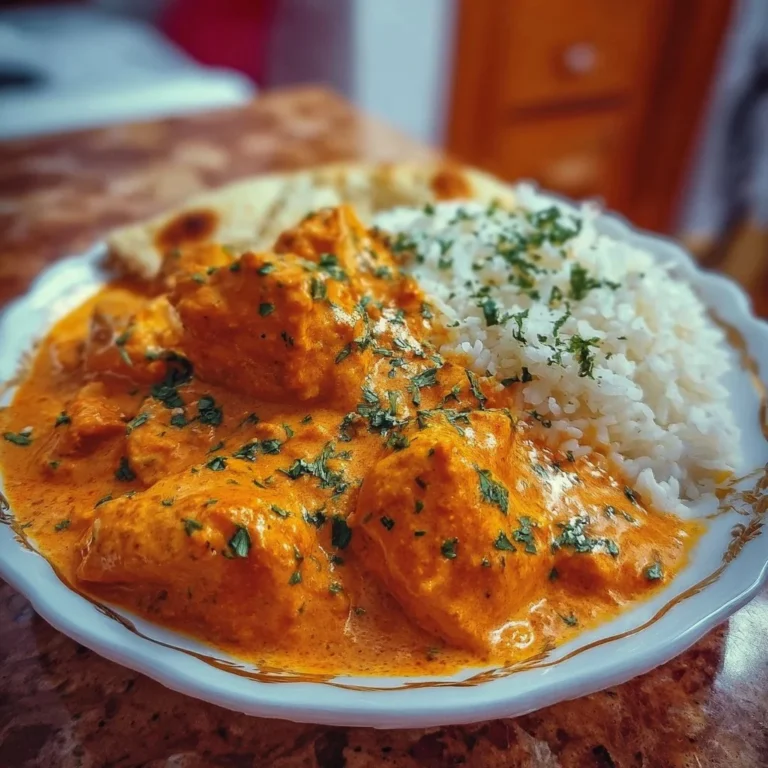 Leckeres Butter Chicken serviert mit Reis und Naan.