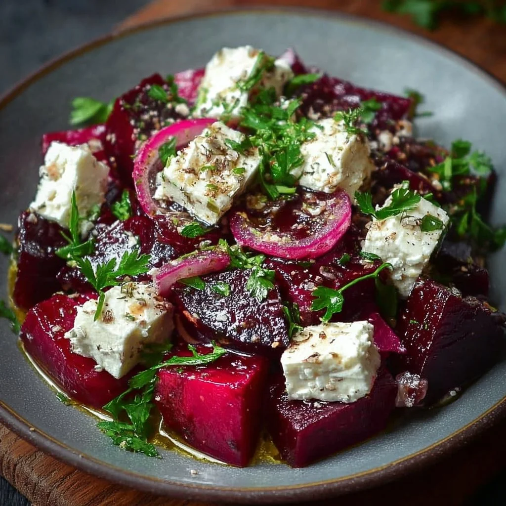 Einfacher Rote-Bete-und-Fetakäse-Salat, schön angerichtet auf einem Teller.