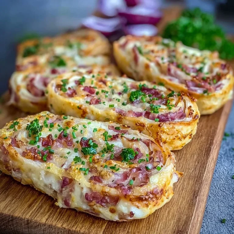 Flammkuchen Brötchen mit 5 Zutaten auf einem Holzbrett angerichtet