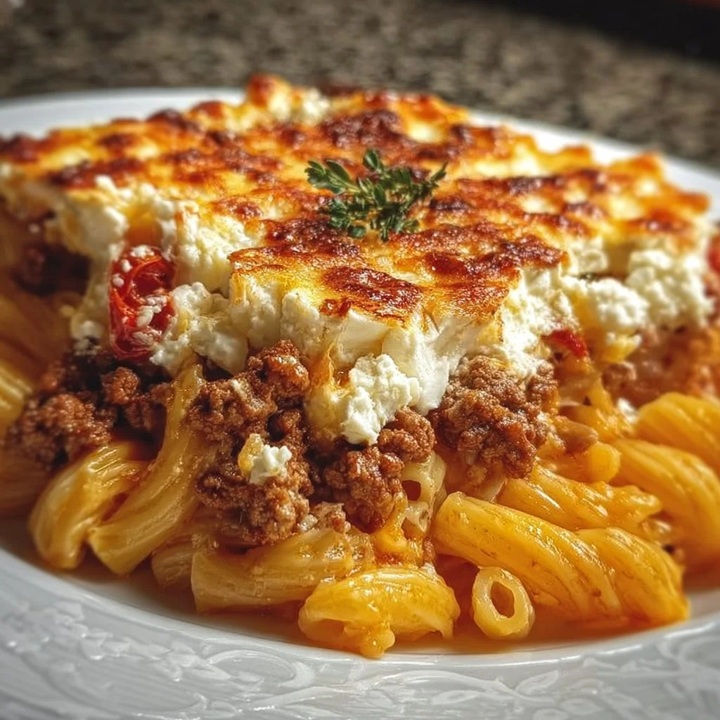 Griechischer Nudel-Auflauf mit Feta und Hackfleisch im Ofen gebacken