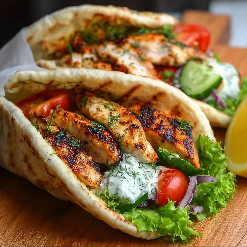 Griechisches Hähnchen im Fladenbrot mit frischem Gemüse und Soße