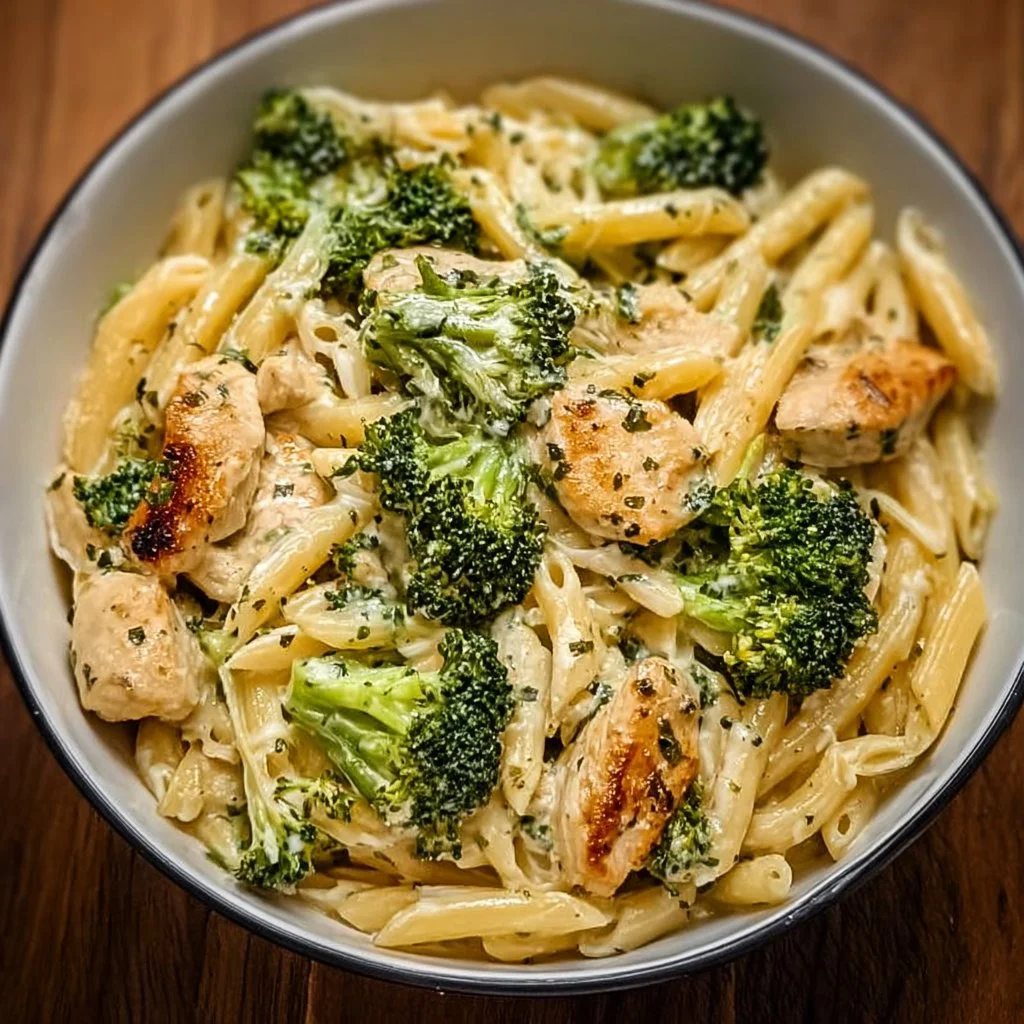 Cremige Hähnchen Brokkoli Pasta auf einem weißen Teller angerichtet