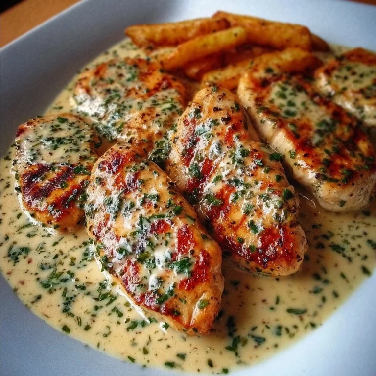 Hähnchenfilet in cremiger Knoblauchsauce auf einem Teller serviert