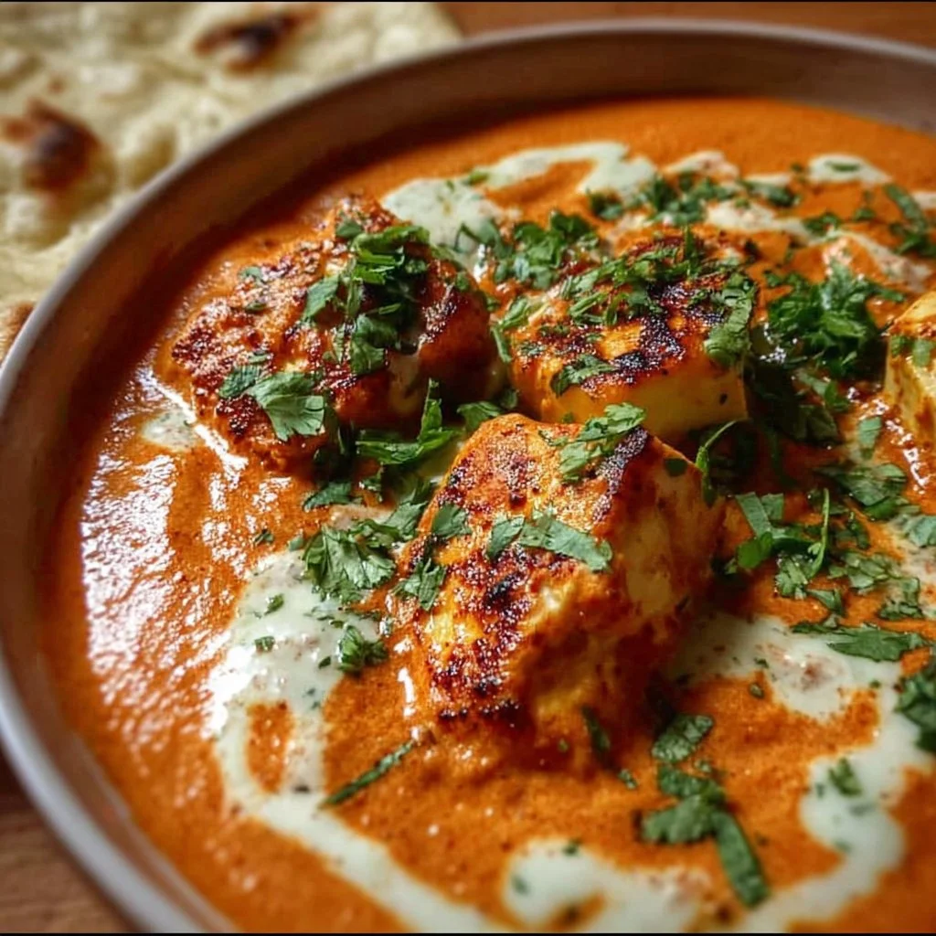 Gebratenes Halloumi Makhani mit Gewürzen und frischen Kräutern auf einem Teller.