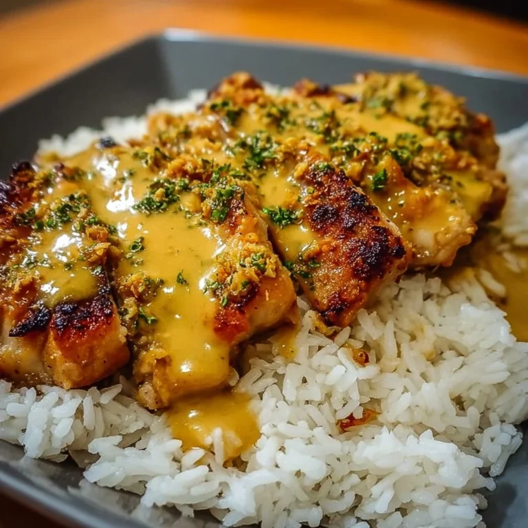 Honig Senf Hähnchen mit Reis auf einem Teller serviert