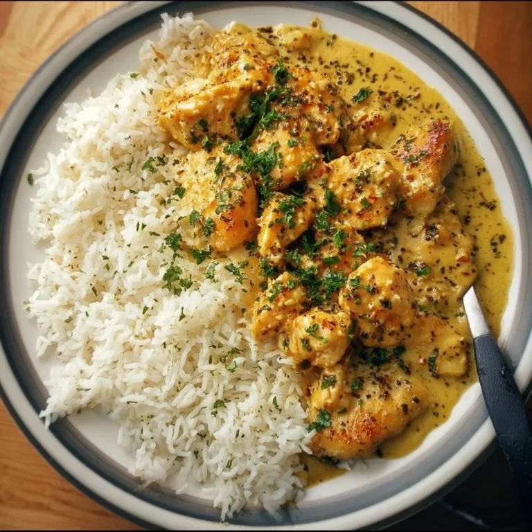 Rezept für Honig Senf Hähnchen mit Reis auf einem Teller serviert