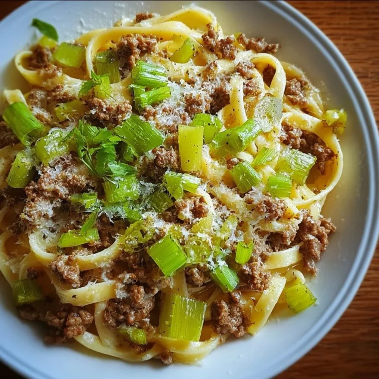 Leckere Käse-Lauch Pasta mit Hackfleisch auf einem Teller serviert