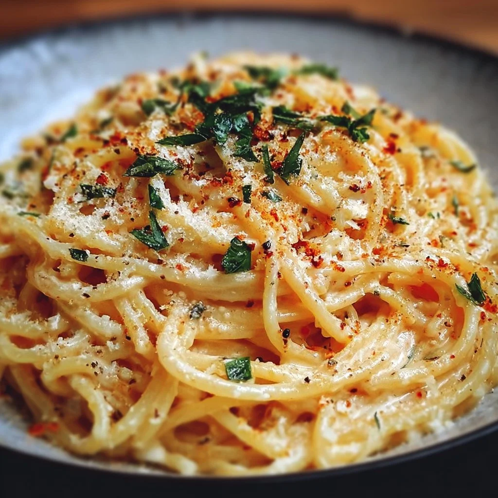 Eine Portion Knoblauch-Parmesan-Nudeln in einer weißen Schüssel, garniert mit frischem Parmesan.