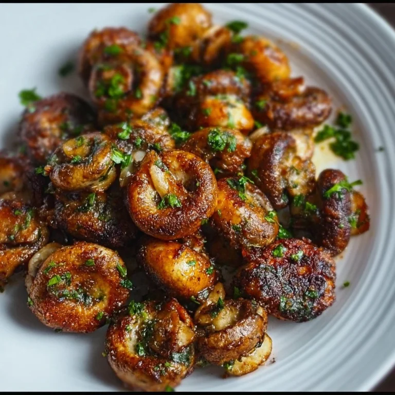 Knusprige Airfryer-Champignons mit Knoblauch und Kräutern auf einem Teller serviert