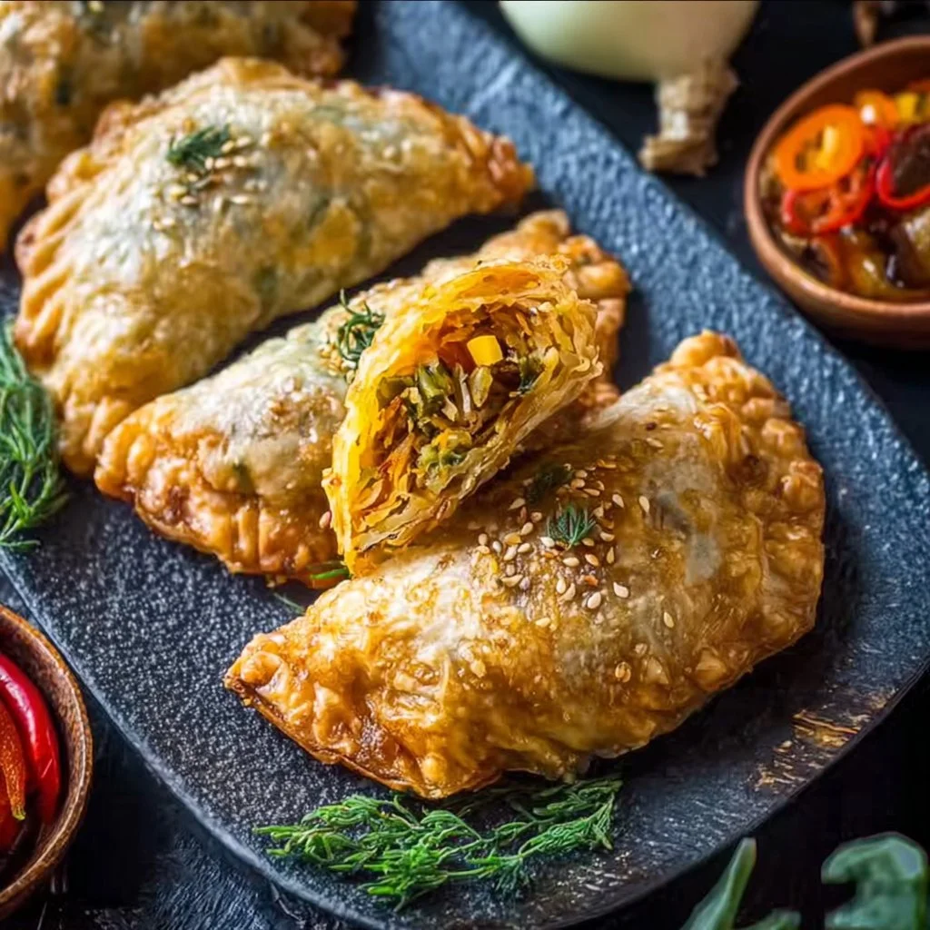 Knusprige vegane Gemüsetaschen auf einem Teller serviert