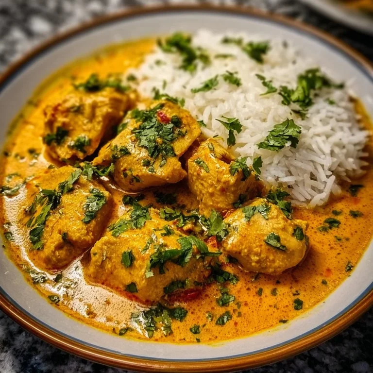 Kokosnuss-Curry-Hühnchen auf einem Teller, serviert mit Reis und frischem Gemüse