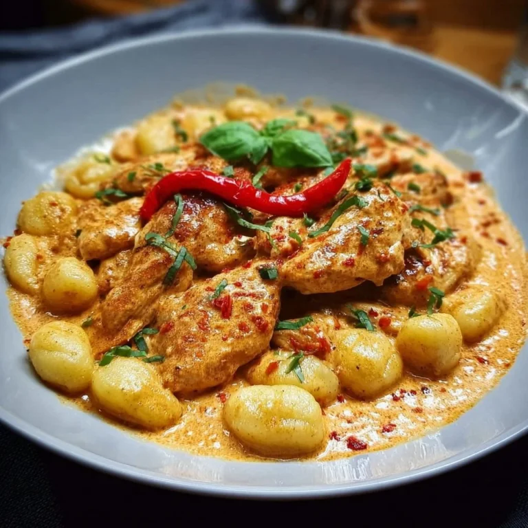 Leckeres Paprika-Sahne-Hähnchen mit Gnocchi auf einem Teller serviert
