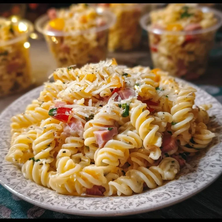 Pasta mit Schinken auf einem Teller garniert mit frischen Kräutern