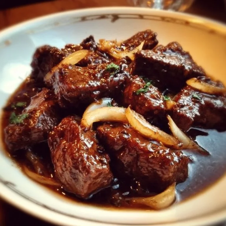 Rindfleisch in Balsamico-Zwiebel-Sauce auf einem Teller angerichtet