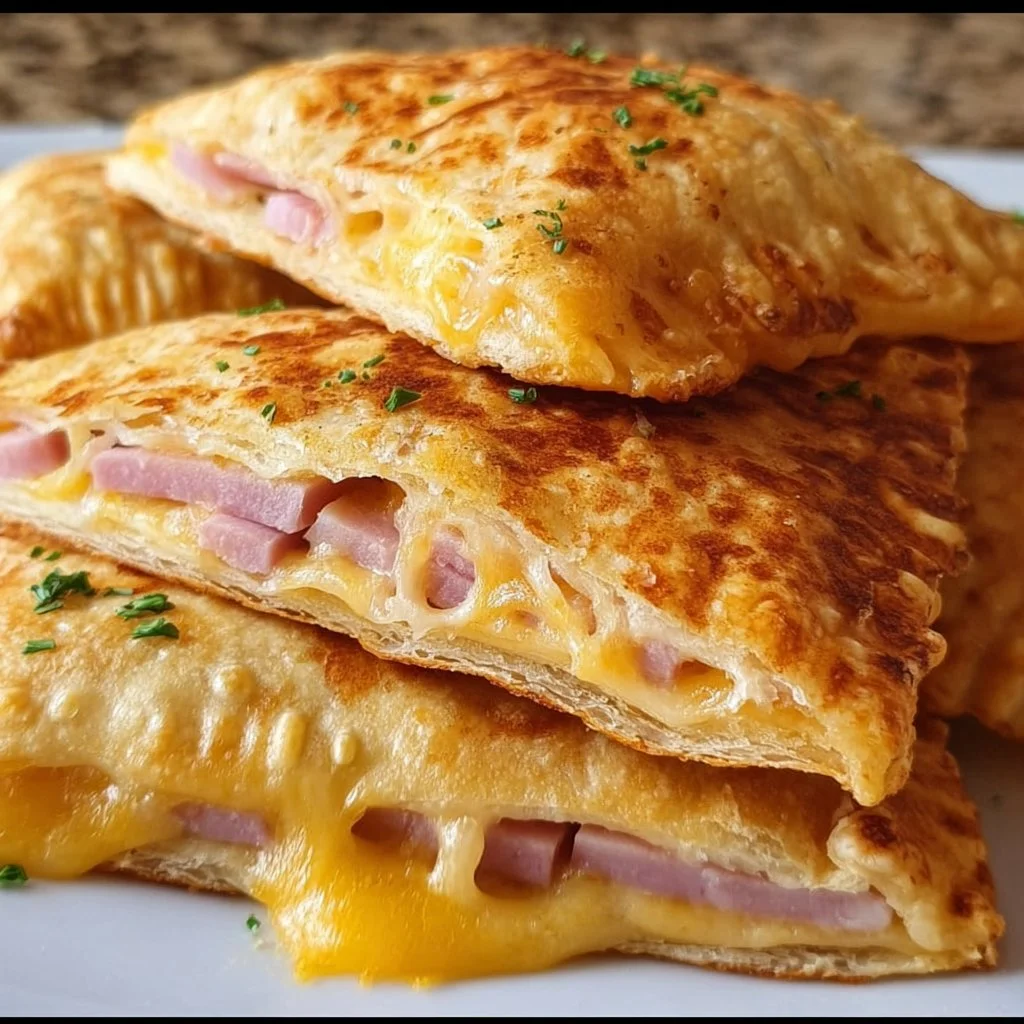 Leckere Schinken-Käse-Taschen aus dem Airfryer, goldbraun und knusprig.