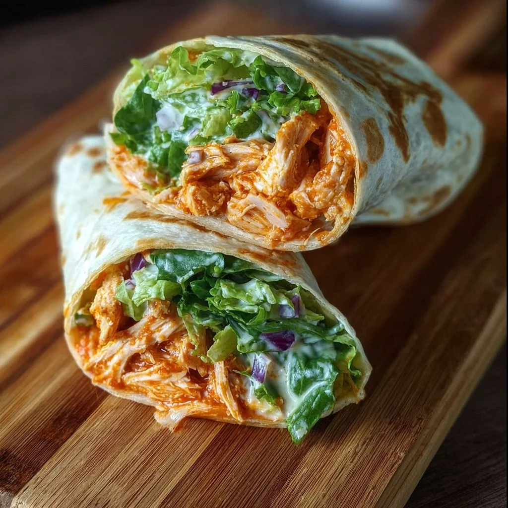Buffalo-Hühnchen-Wraps auf einem Teller, garniert mit frischem Gemüse.
