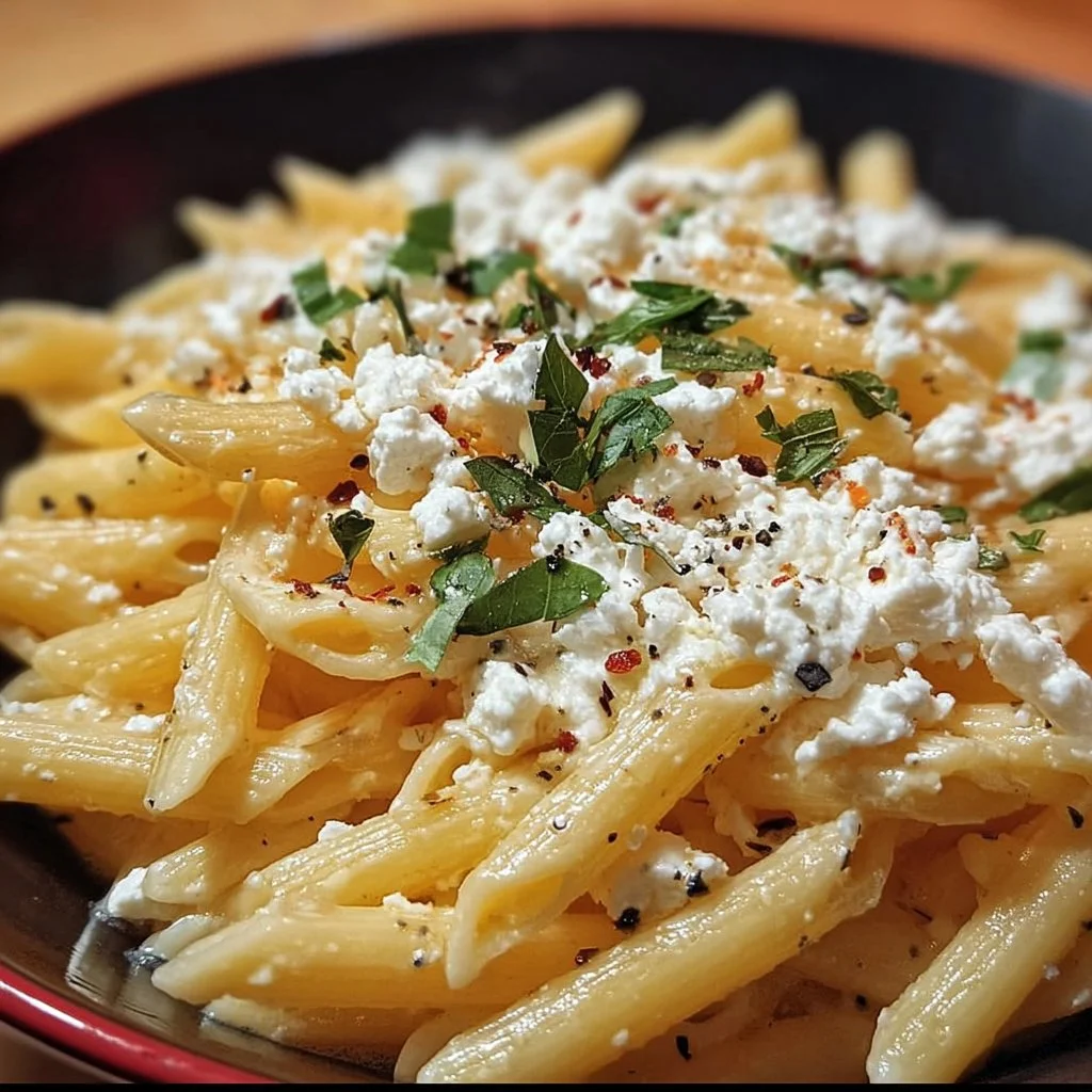 Sonnige Pasta mit Feta auf einem Teller, garniert mit frischen Kräutern.