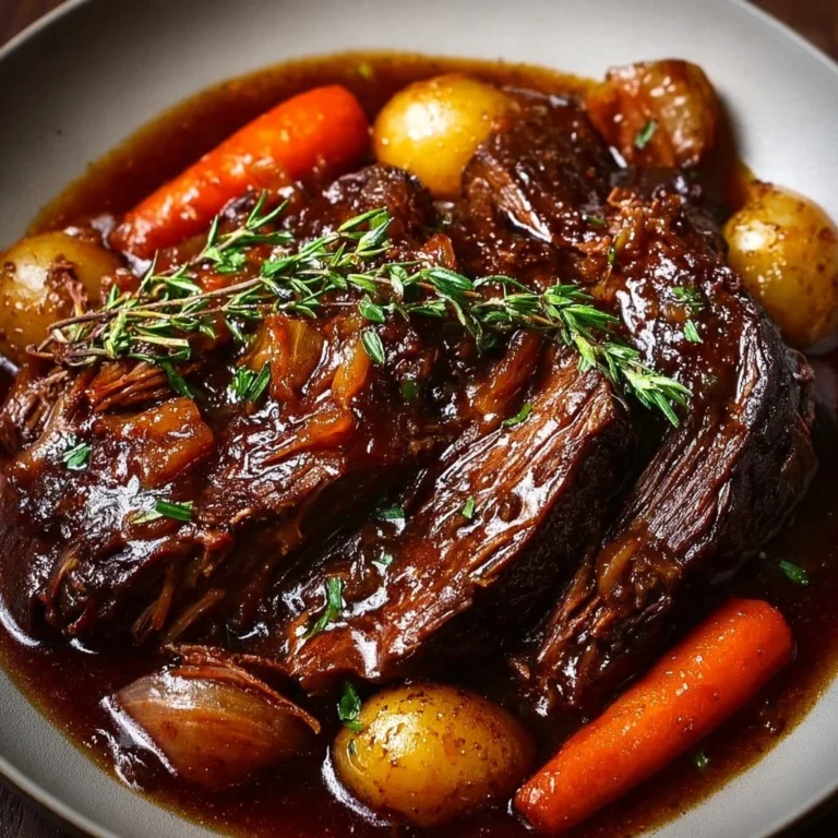 Sonniger Schmorbraten mit reichlicher Sauce auf einem Teller serviert