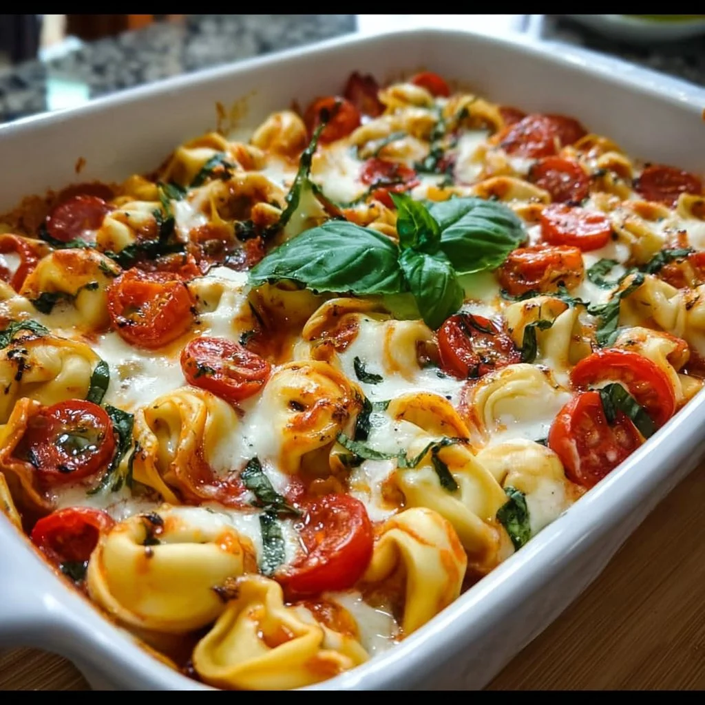 Tortellini Casserole mit Tomaten und Mozzarella in einer Auflaufform