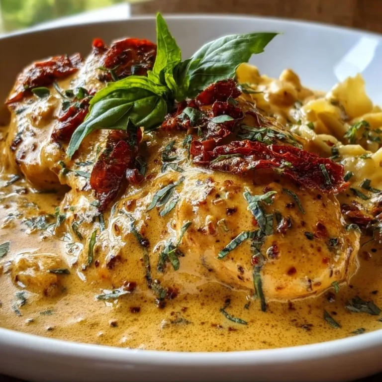 Toskanisches Sahne Hähnchen auf einem Teller mit Kräutern garniert.