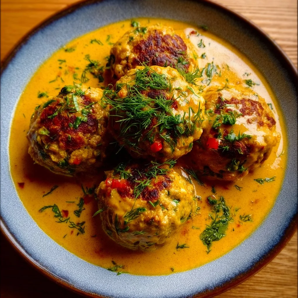 Vegane Linsenknödel serviert in einer aromatischen Curry-Sauce