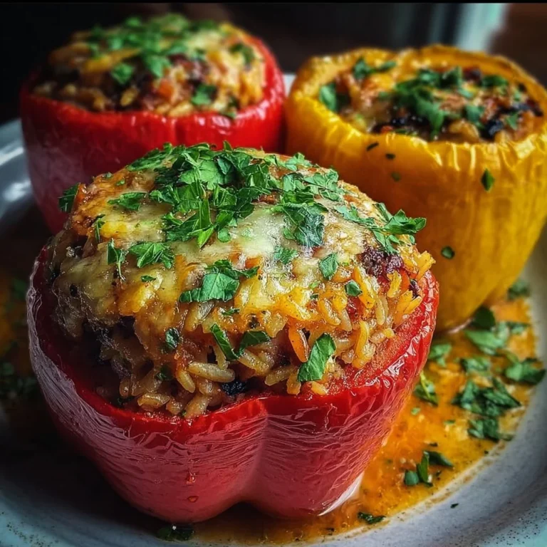 Vegetarische gefüllte Paprika mit Reis auf einem Teller angerichtet.