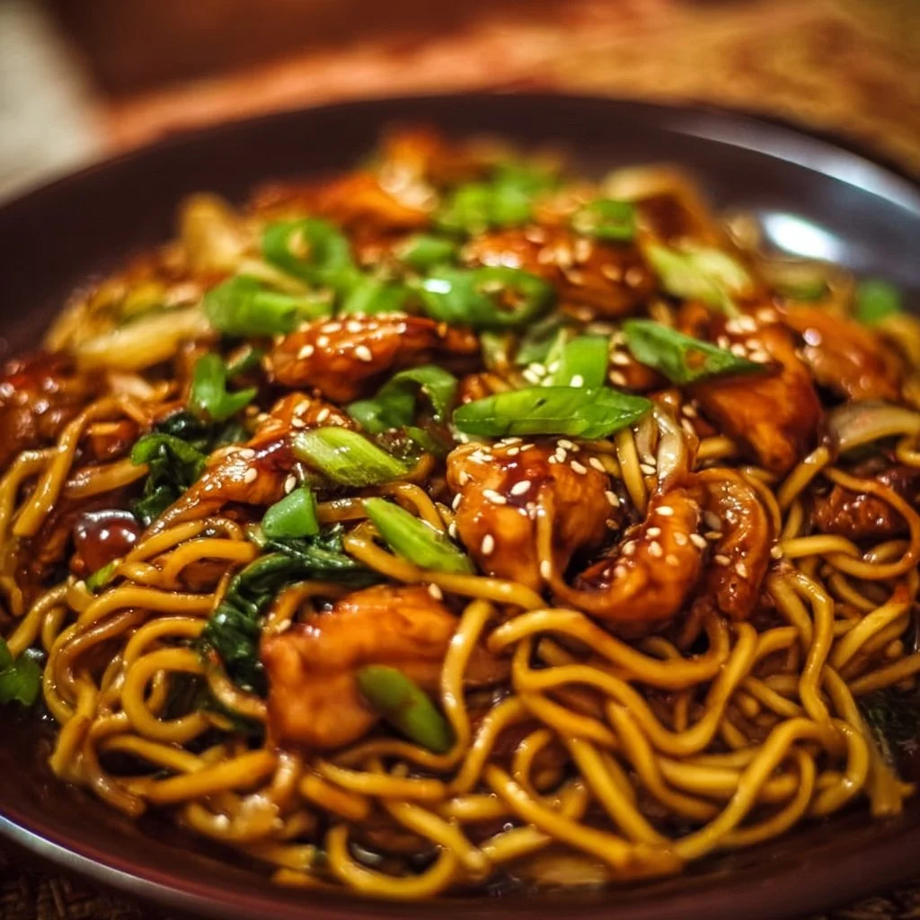 Würziges Teriyaki Hähnchen serviert mit Nudeln in einer Schüssel