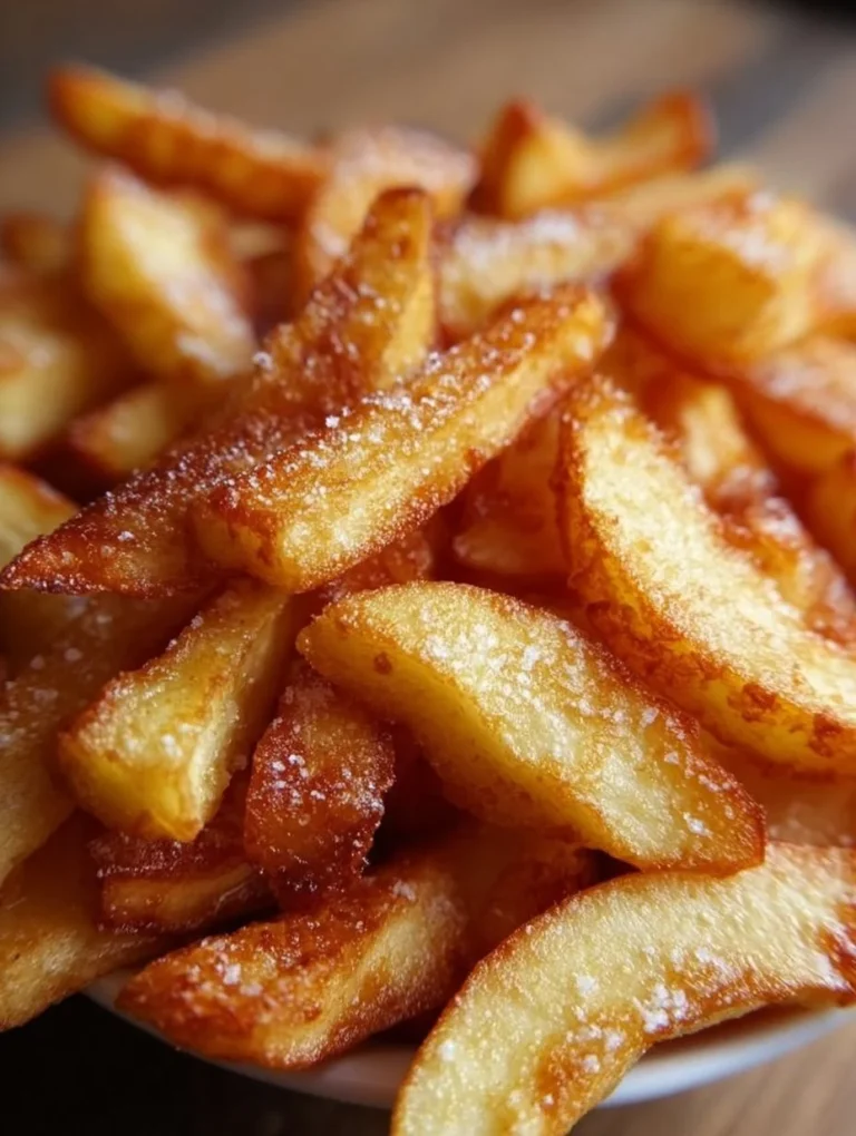 Crispy Apfel Pommes serviert mit Dip auf einem Holzbrett