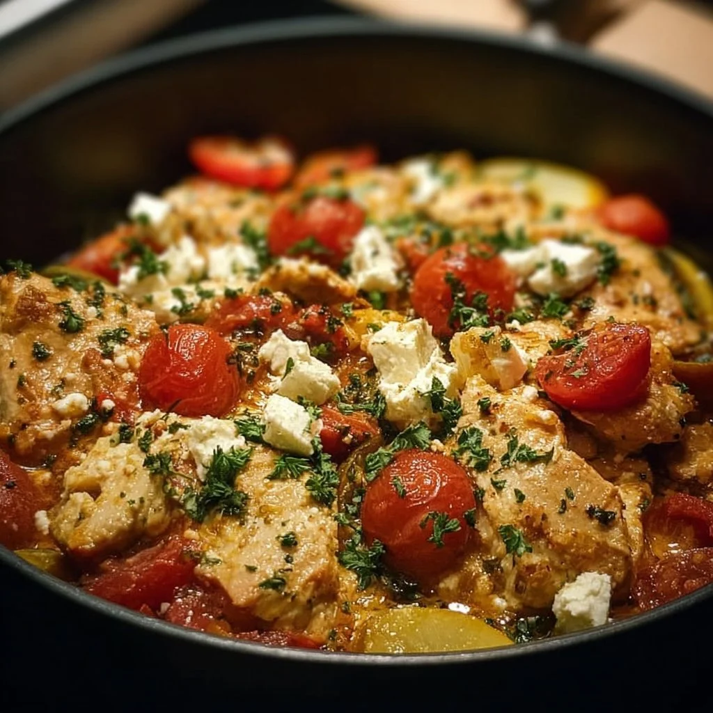 Feta-Hähnchen Pfanne zubereitet im Airfryer mit frischem Gemüse
