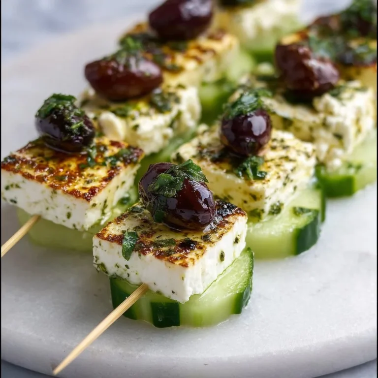 Leckere Feta Spieße mit Gurke auf einem Teller angerichtet