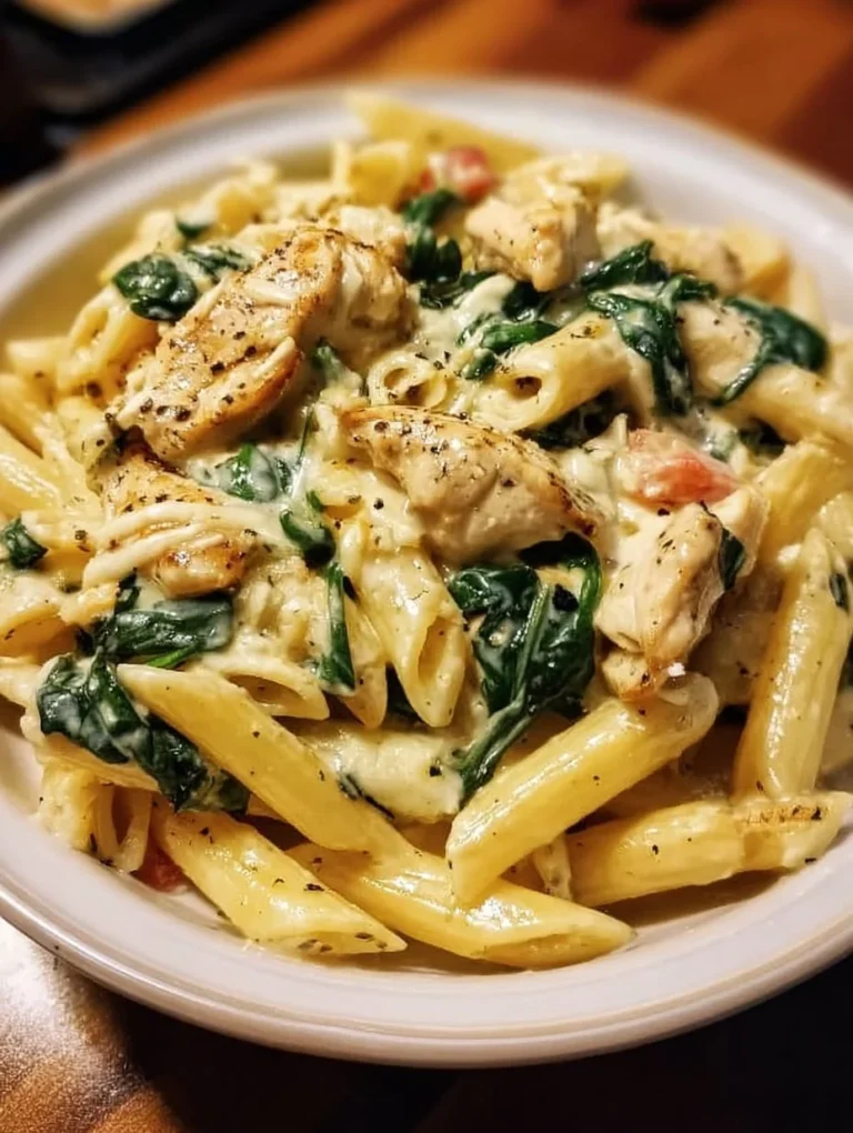Frischkäse Spinat Hähnchen Pasta auf einem Teller serviert