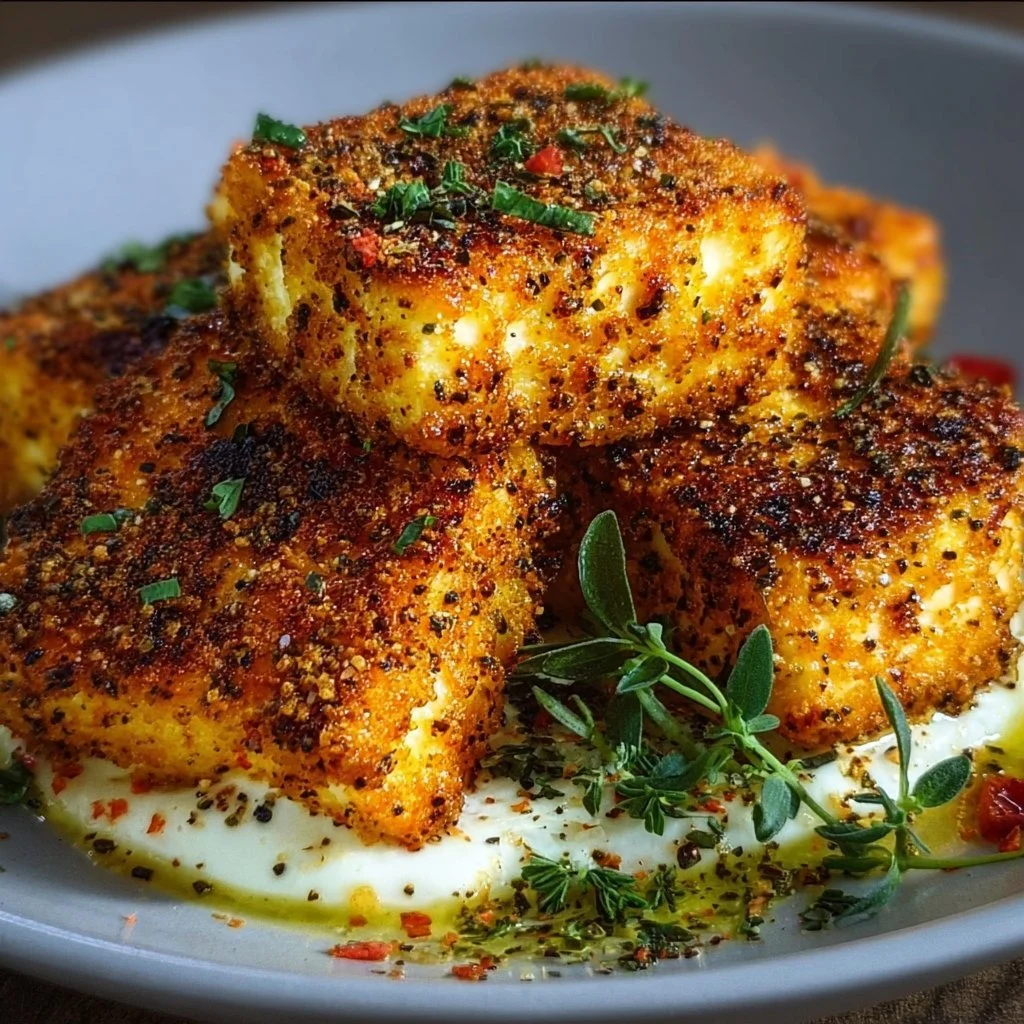 Knuspriger Feta aus dem Airfryer, serviert auf einem Teller mit frischem Gemüse