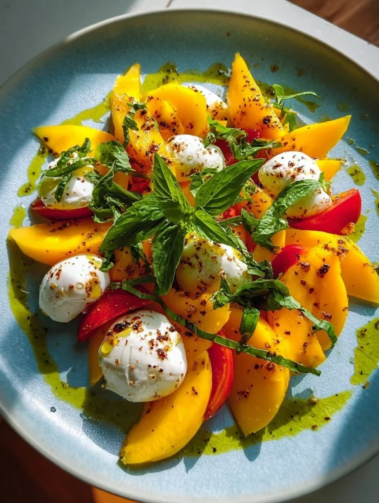 Leckerer Mango-Mozzarella-Salat auf einem Teller mit frischen Zutaten.