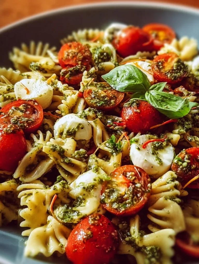 Mediterraner Nudelsalat mit Pesto in einer Schüssel serviert.