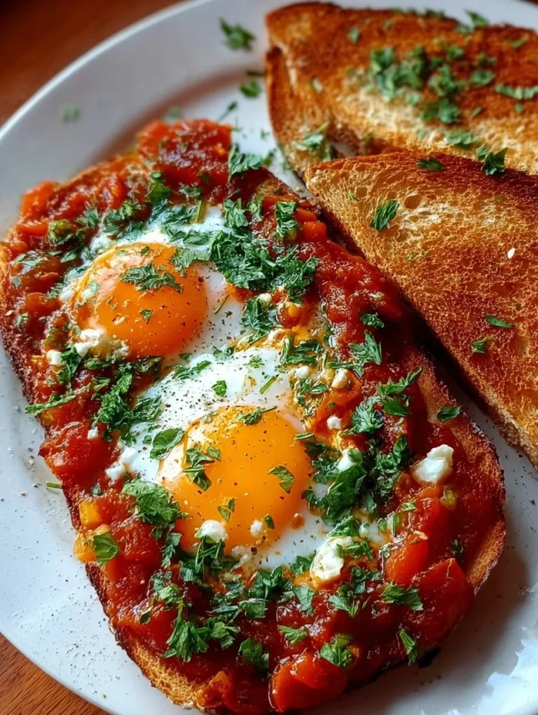 Leckeres Shakshouka Toast mit Eiern, Tomaten und frischen Kräutern.