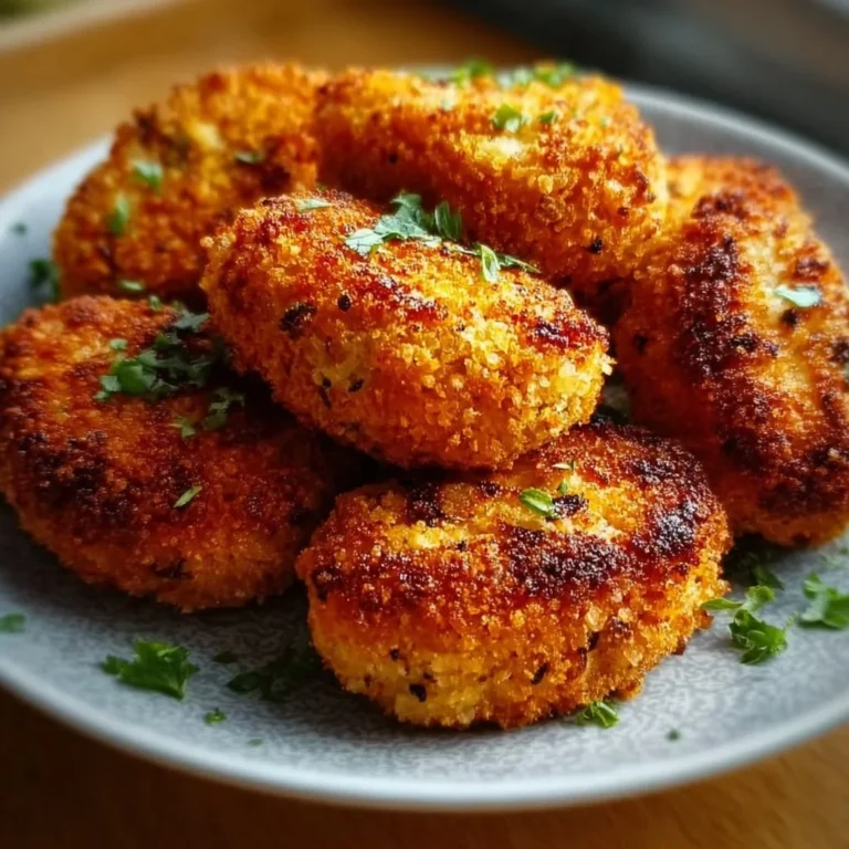 Knusprige Linsenkroketten aus der Heißluftfritteuse auf einem Teller serviert.
