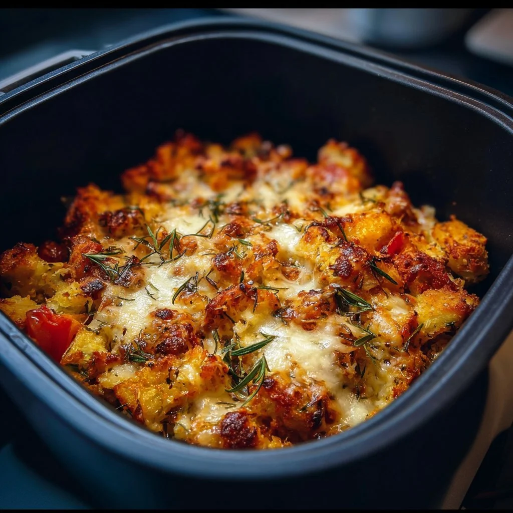 Ein köstlicher Low Carb Auflauf aus dem Airfryer auf einem Teller serviert.