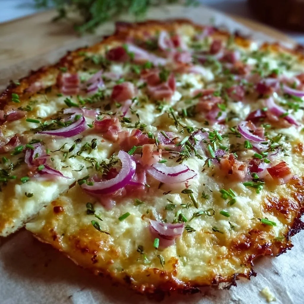 Knuspriger Low Carb Flammkuchen mit frischen Zutaten auf einem Holzbrett