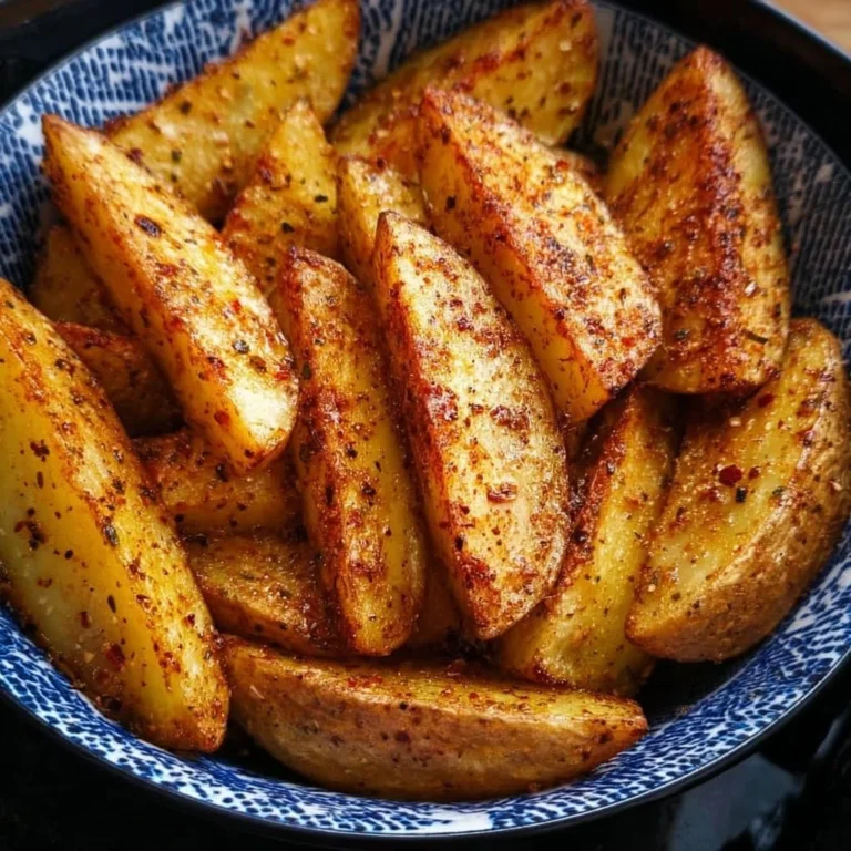 Knusprige Kartoffelspalten aus dem Airfryer auf einem Teller serviert.