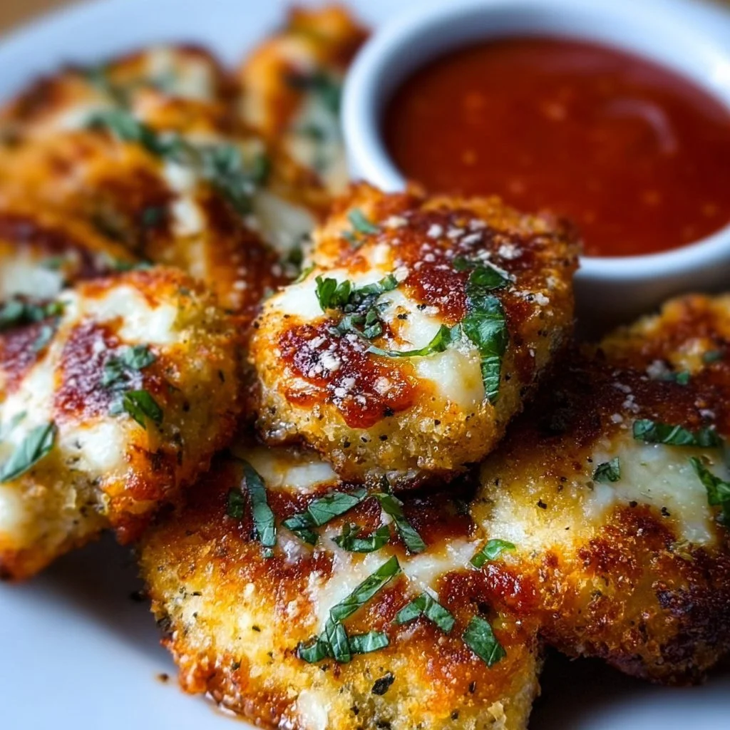 Keto Hähnchen Parmesan Bissen auf einem Teller serviert, mit Käse überbacken