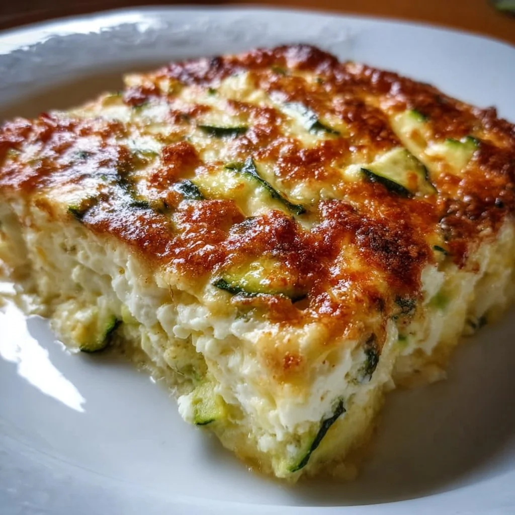 Leckerer Zucchini-Hüttenkäse-Auflauf auf einem Teller serviert.